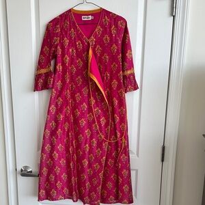 FabIndia Girls Pink and Gold-Yellow Lengha 3 piece